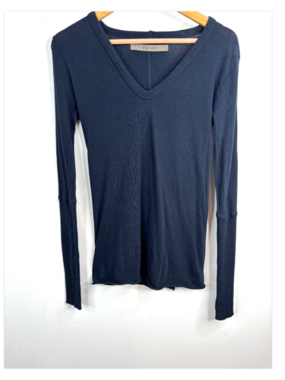 Enza Costa Navy Blue Cashmere Cotton Long Sleeve V-Neck Top Size L Thumbholes